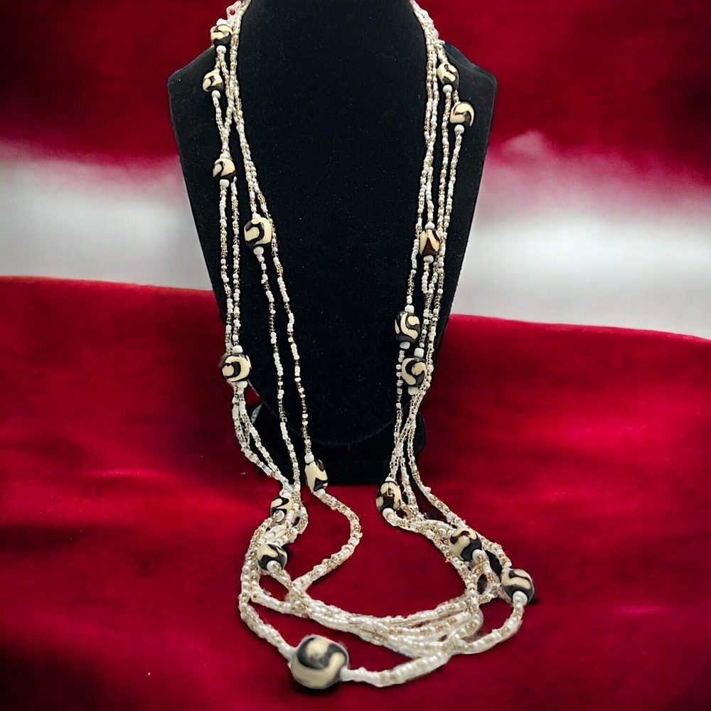 Black and White Pattern Beads & Seed Beads 4 Strand 33 3/8 Inch Necklace!